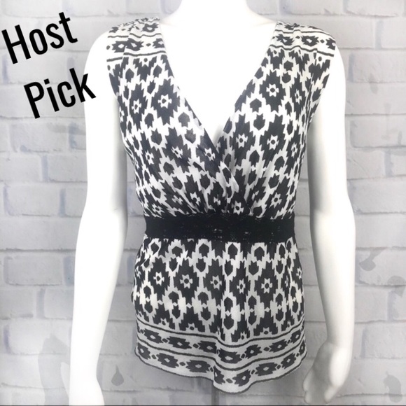 Context Tops - Black & white Aztec print mesh empire waist top 1X